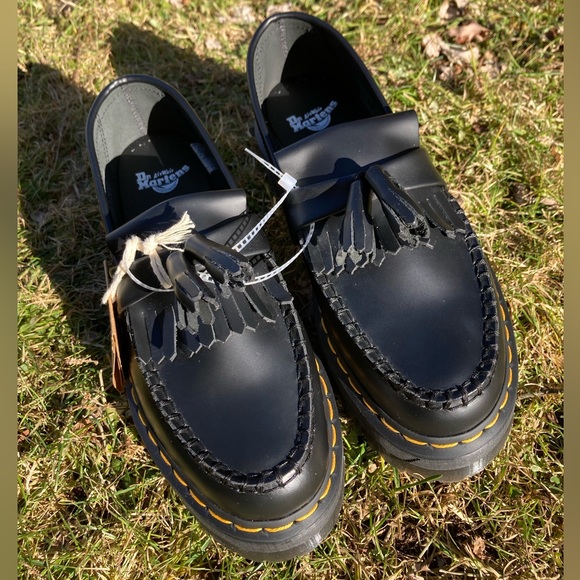 Dr. Martens Adrian Quad Bex Smooth Black Leather Tassel Fringe Platform Loafers - Picture 8 of 17